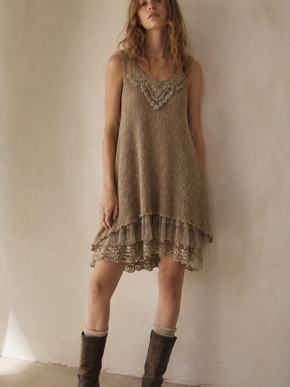 Romantic Boho Lace Crochet Knit Tunic Dress Layered Mesh Hem Sz M Boho Lagenlook